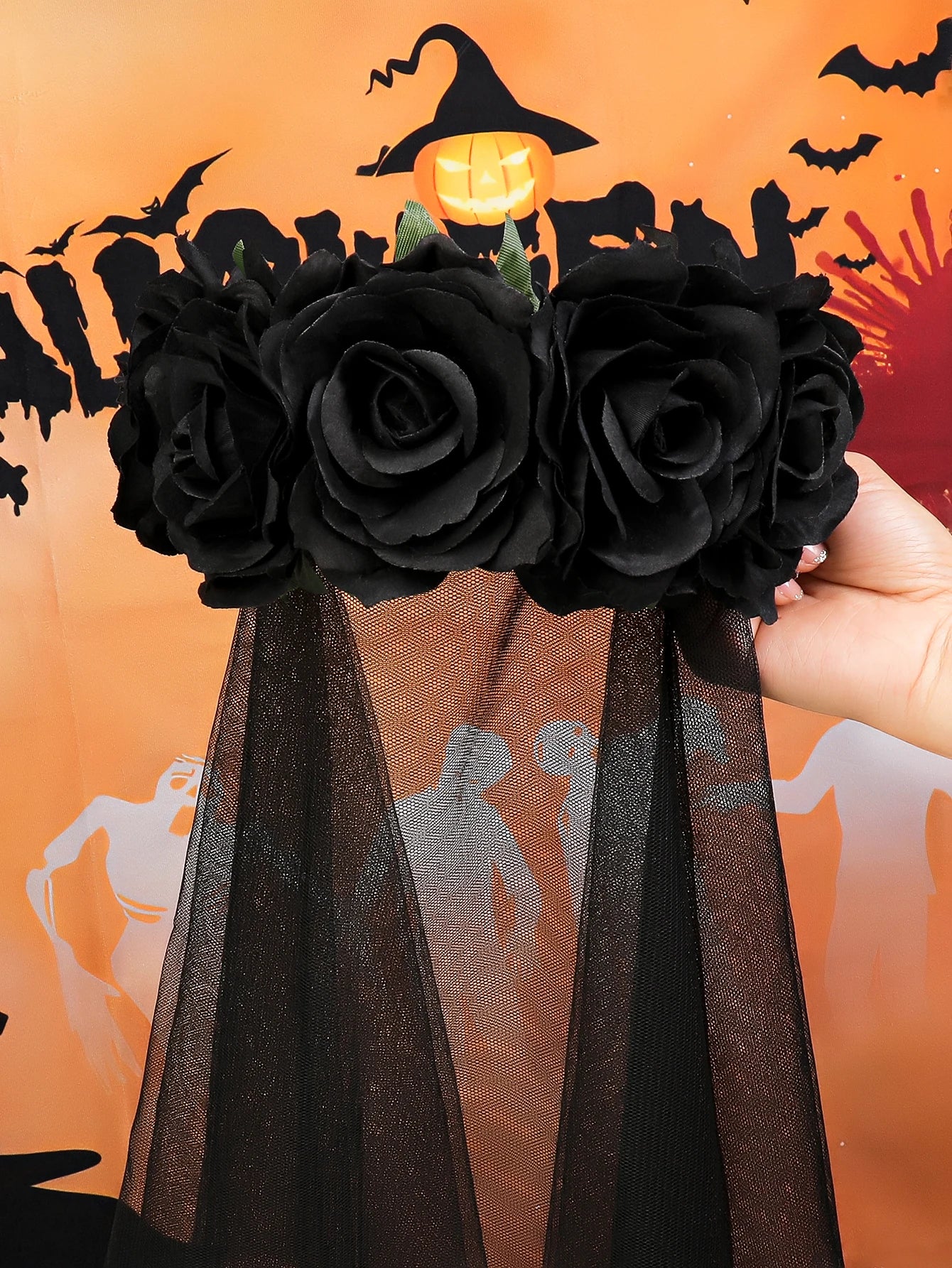 Black Day of the Dead Floral Headpiece – Rose Crown Veil Halloween Mexican Costume Headband