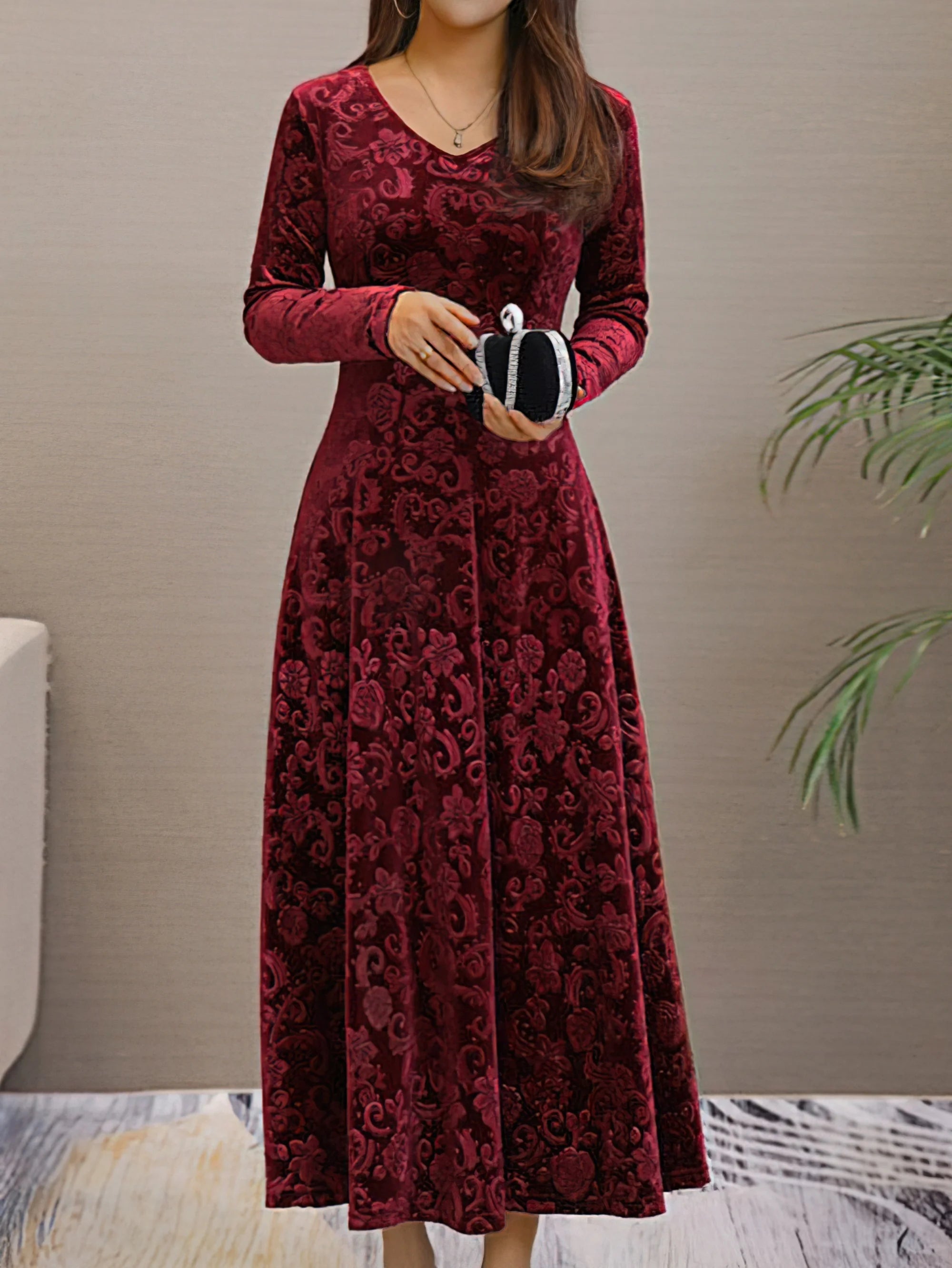 Women’s Slim Fit Long Dress – Gold Velvet Long Sleeve Evening Gown