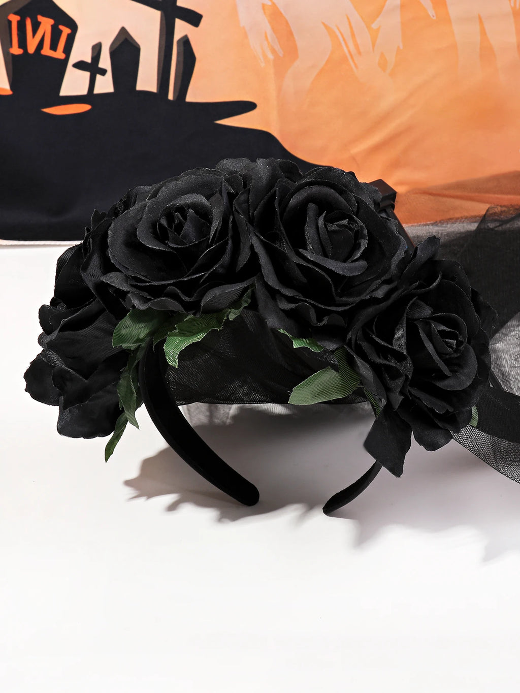Black Day of the Dead Floral Headpiece – Rose Crown Veil Halloween Mexican Costume Headband